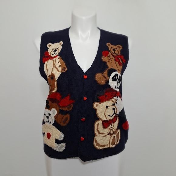 Eagle’s Eye Collectibles 3-D Vintage Grandmacore Teddy Bear V-Neck Knit Vest L - Picture 1 of 12